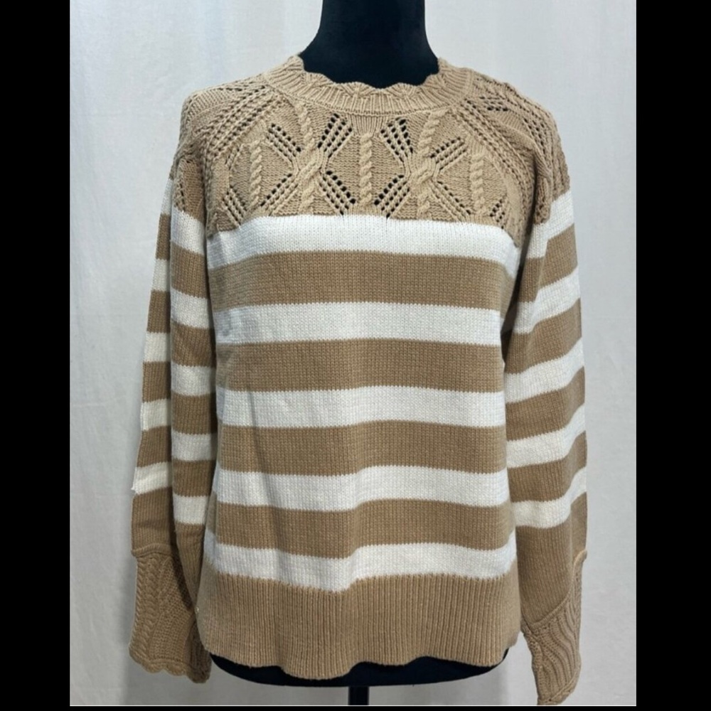 Sam Edelman Joy Novelty Crochet Cable Knit Yoke Striped Pullover Sweater 1062 - Picture 2 of 7